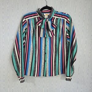 Vtg Sunny South Blouse Womens 8 Pussybow Striped Button Down Colorful Retro